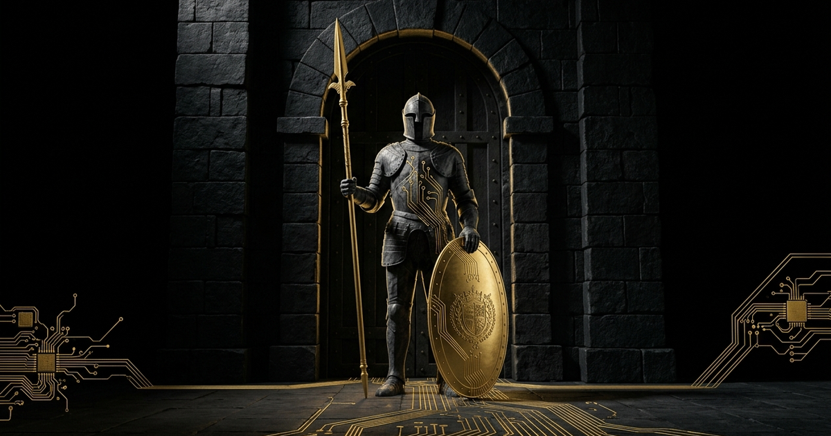 The Sentinel, the armoured guardian of the Mickai security perimeter, before a fortress gate laced with gold circuitry