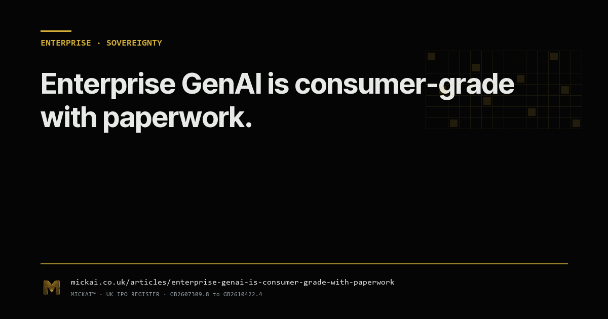 Enterprise GenAI is consumer-grade with paperwork. Real sovereignty runs in your perimeter, signs every action, and audits per tenant.