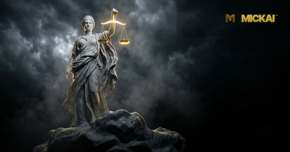 Justice in marble holding gold scales against the void, the balance a sovereign, sealed AI substrate delivers to a regulator