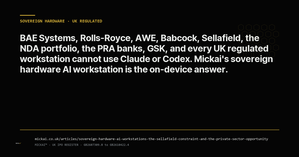 Mickai's sovereign hardware AI workstations: on-device AI for BAE Systems, Rolls-Royce, AWE, Babcock, Sellafield, the wider NDA portfolio, EDF, the PRA-regulated banks, GSK, and every UK regulated engineering desk that cannot egress to cloud AI.