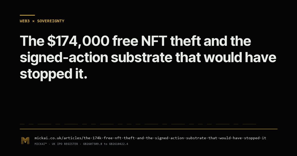 The 174,000 dollar free NFT theft and the signed action substrate that would have stopped it. The Bankr incident, the Morse-encoded prompt, and the engineering primitive Mickai® filed at the UK IPO.